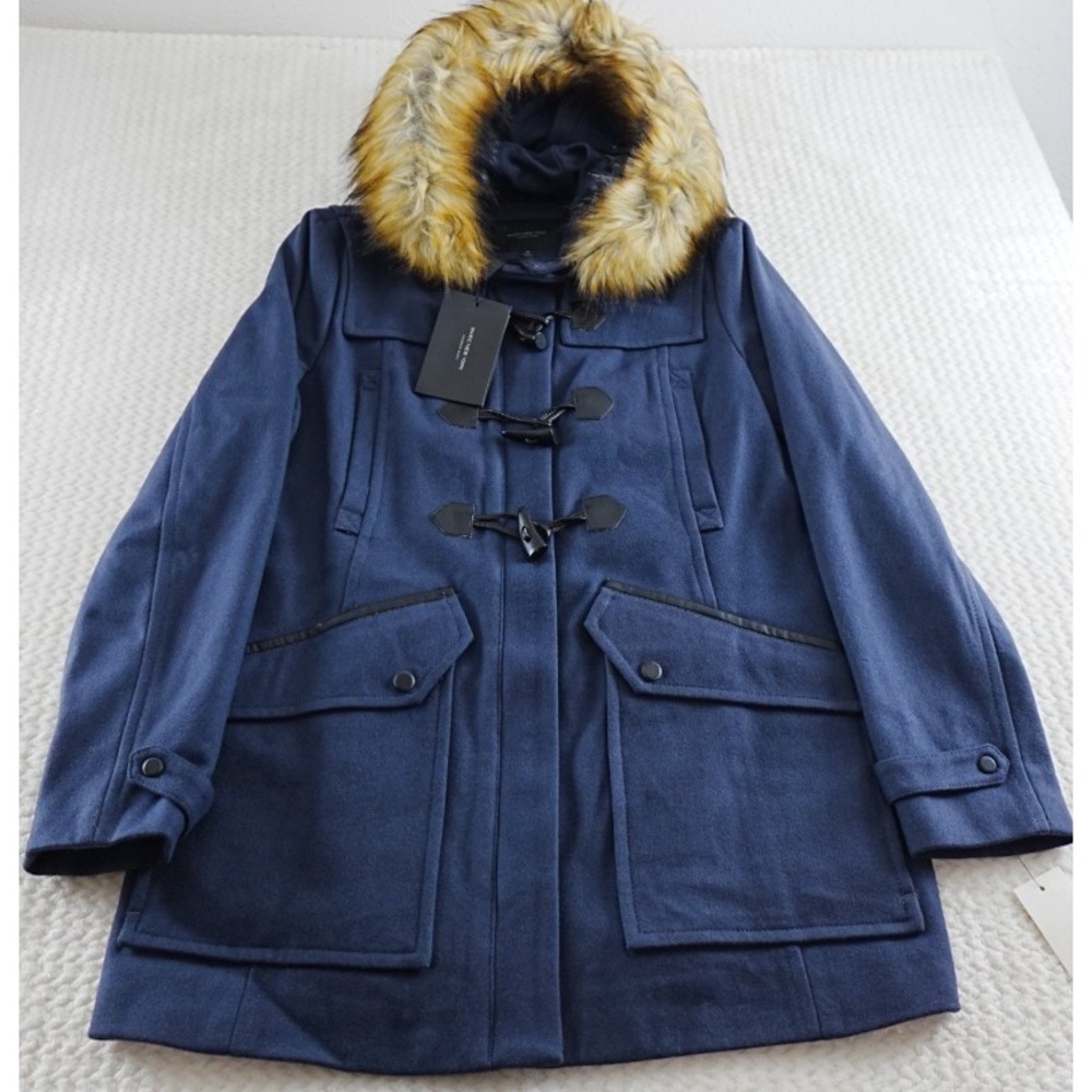 Marc New York   andrew marc duffle coat size 14 blue wool faux fur hood